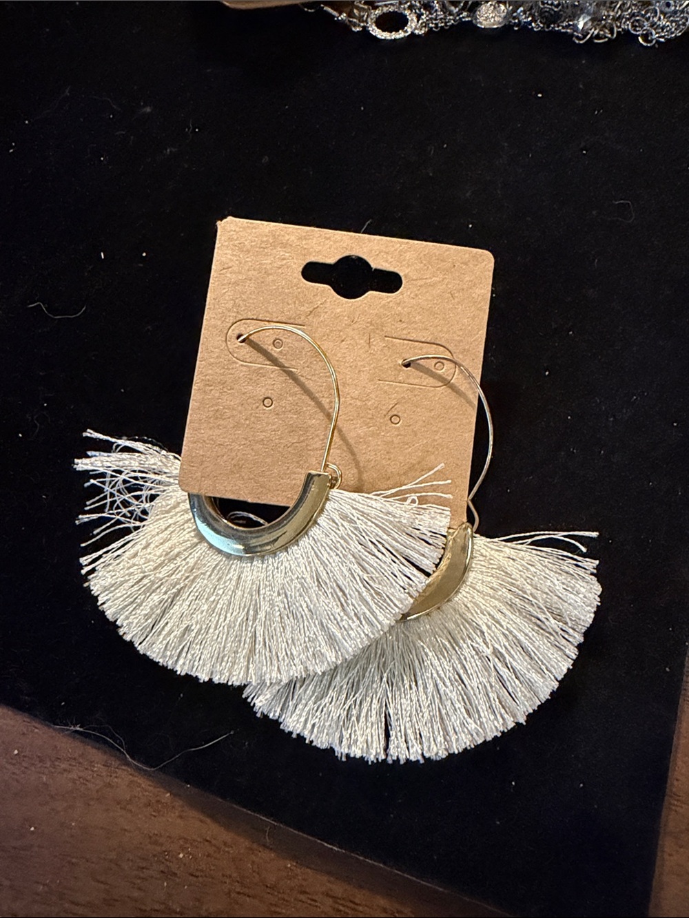 Fringe Hoop Drop Earrings in Cream with Gold Accent